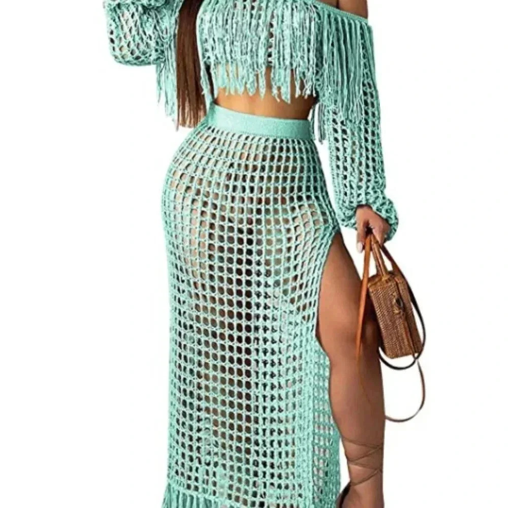 EXCLUSIVECB LUXURY WOMENS CYAN LOUNGE SET CROP TOP W/ MAXI SKIRT